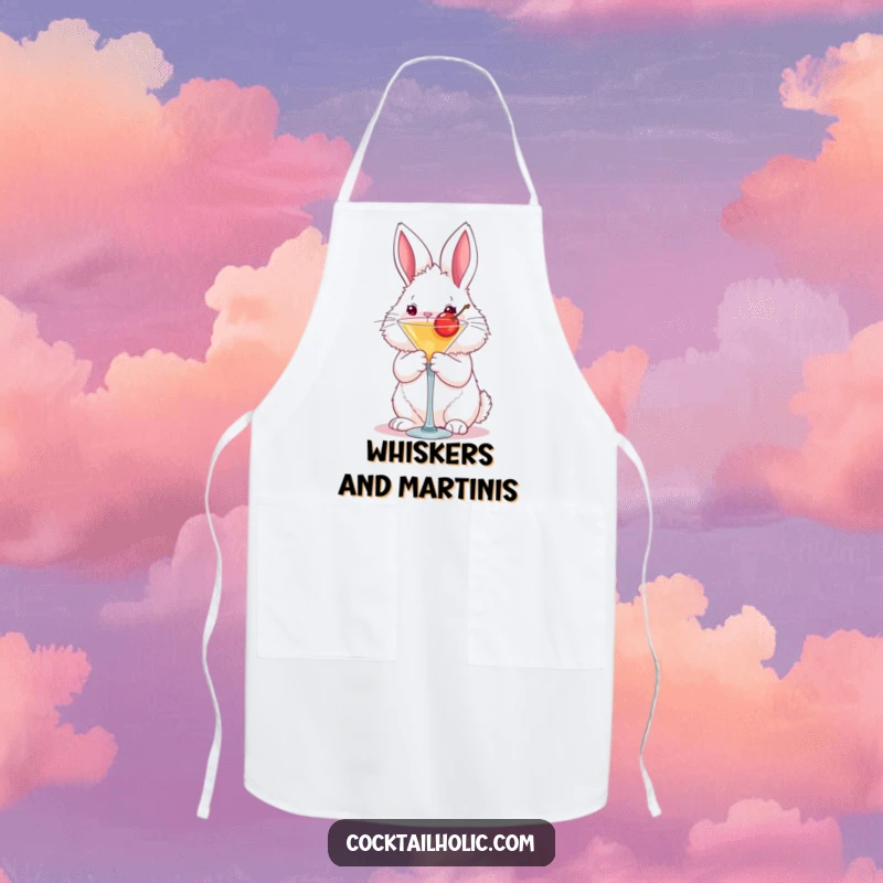 Funny fluffy bunny apron holding a martini glass with a cherry, a humorous and practical kitchen accessory.