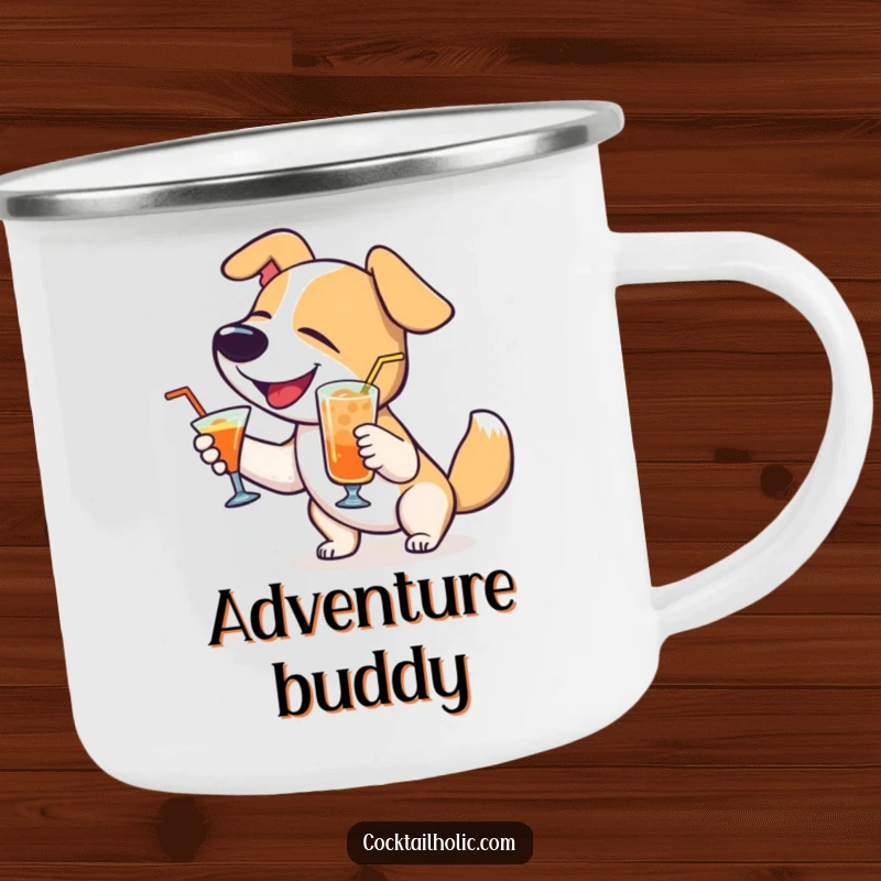 Funny Dog Camping Mug: Delighted dog wagging tail with a cocktail, humorous and durable for outdoor adventures.