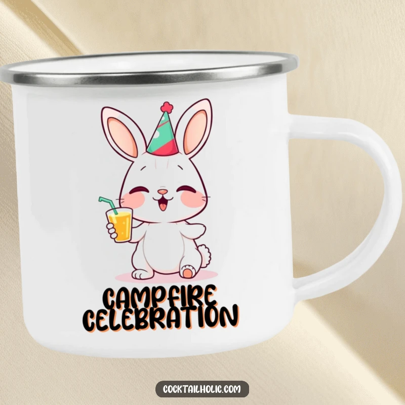 Funny bunny party camping mug with a giggling bunny wearing a party hat and holding a drink, durable for outdoor fun.