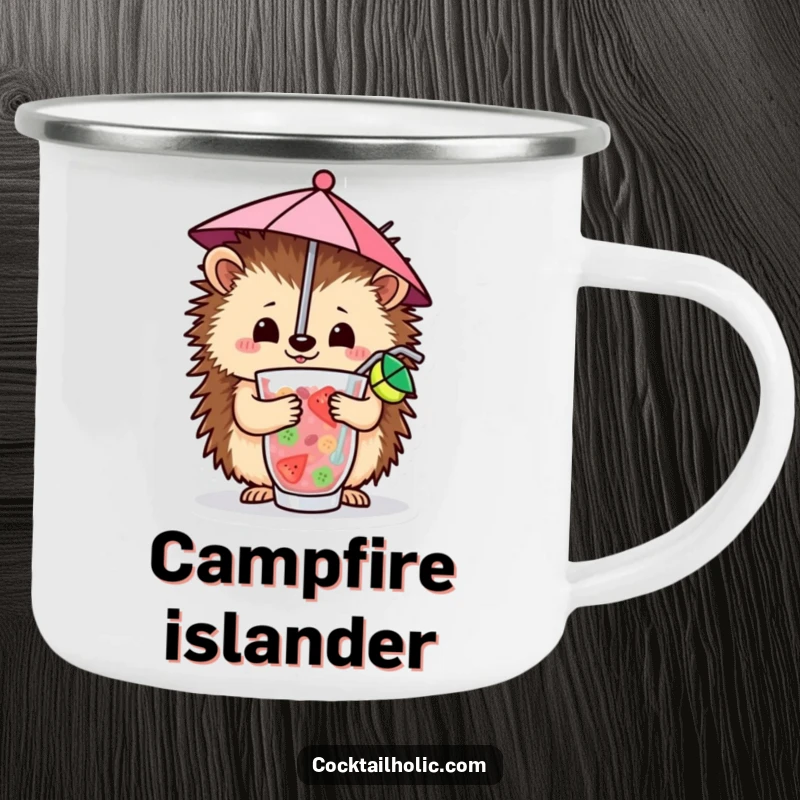 Funny Camping Mug featuring a cheerful hedgehog balancing a tiny umbrella in a fruity drink, perfect for sipping in the great outdoors.