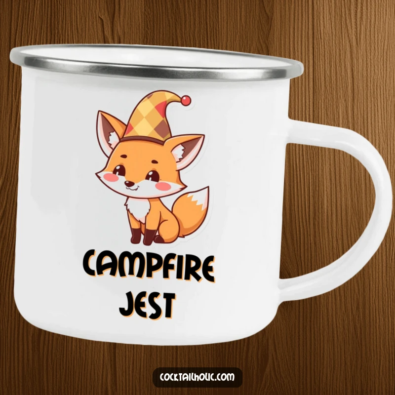 Funny Camping Mug featuring a cute fox in a jester hat, tipping it with a mischievous grin, perfect for adventurous sipping.
