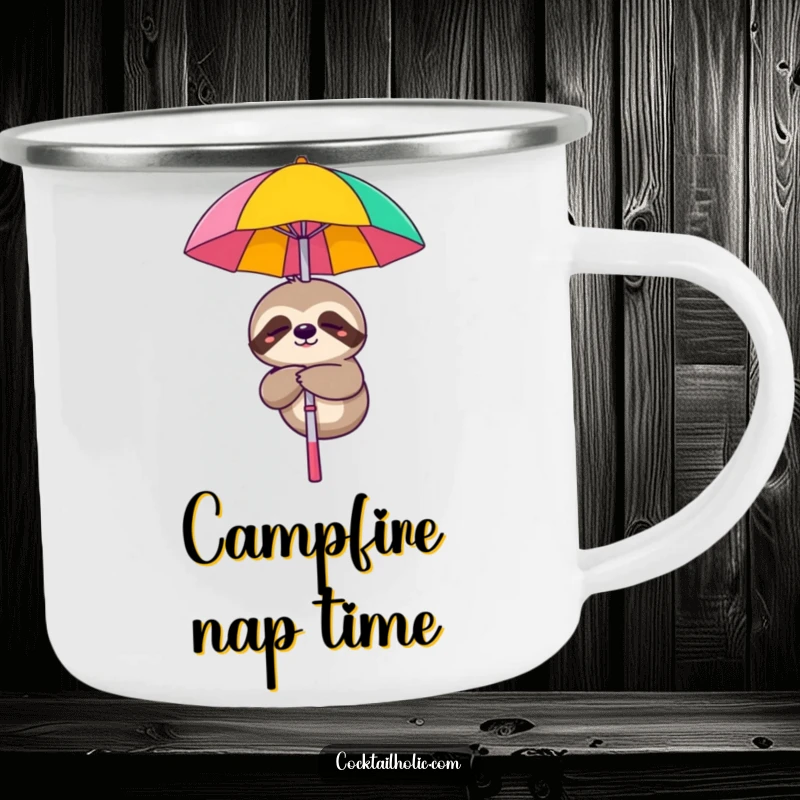 Funny camping mug shows a sleepy sloth smiling while dangling from a cocktail umbrella, ideal for outdoor relaxation.