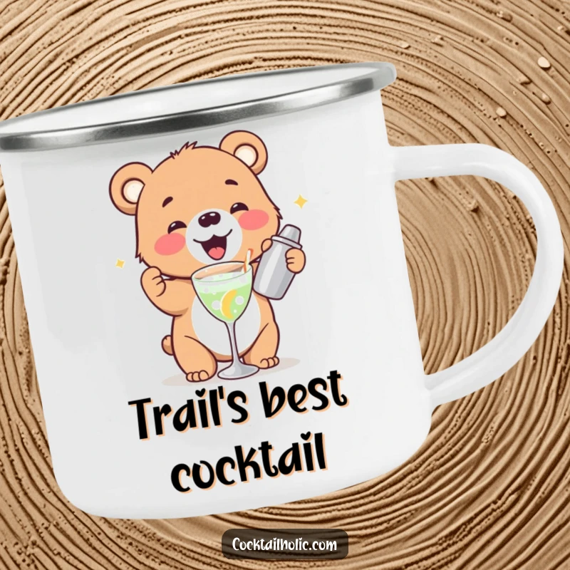 Funny bear cub camping mug gleefully shaking a cocktail shaker, a durable and humorous mug for outdoor enthusiasts.