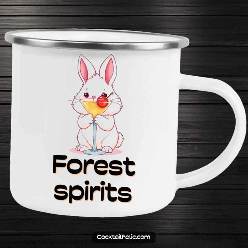 Funny fluffy bunny camping mug holding a martini glass with a cherry, a durable and humorous mug.