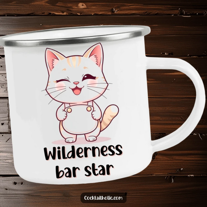Funny winking cat bartender camping mug, a durable and humorous mug for outdoor lovers and cat aficionados.