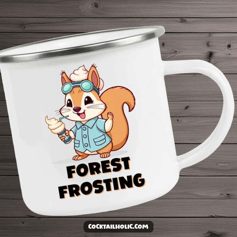 Funny squirrel dressed as a mixologist, spraying whipped cream from a can, on a durable camping mug.