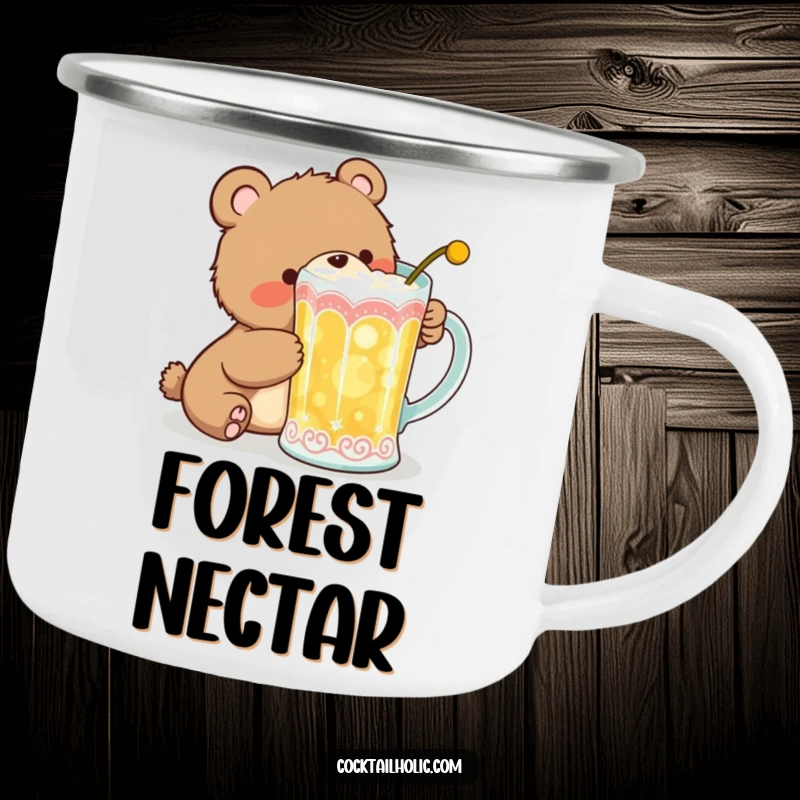 Funny Camping Mug featuring a giggling bear cub attempting to sneak a sip from a large, decorative cocktail mug, perfect for outdoor enjoyment.