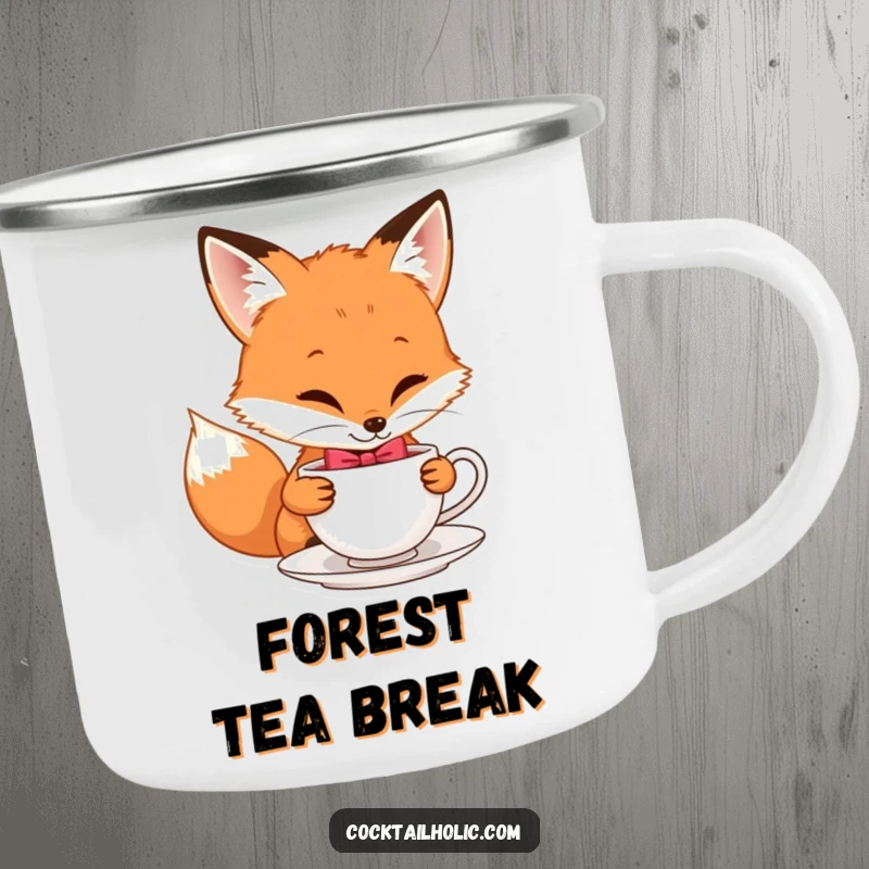 Funny camping mug shows a playful fox wearing a bow tie sipping tea, ideal for outdoor sophistication.