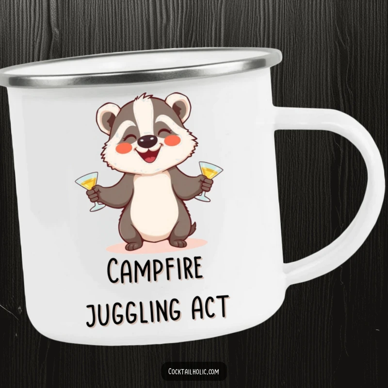 Funny badger juggling camping mug with a happy badger character juggling tiny cocktail glasses, durable for outdoor fun.