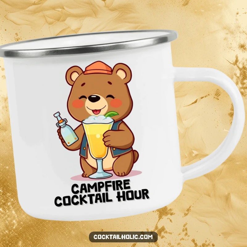 Funny bear bartender shaking a frothy cocktail, on an enamel camping mug.
