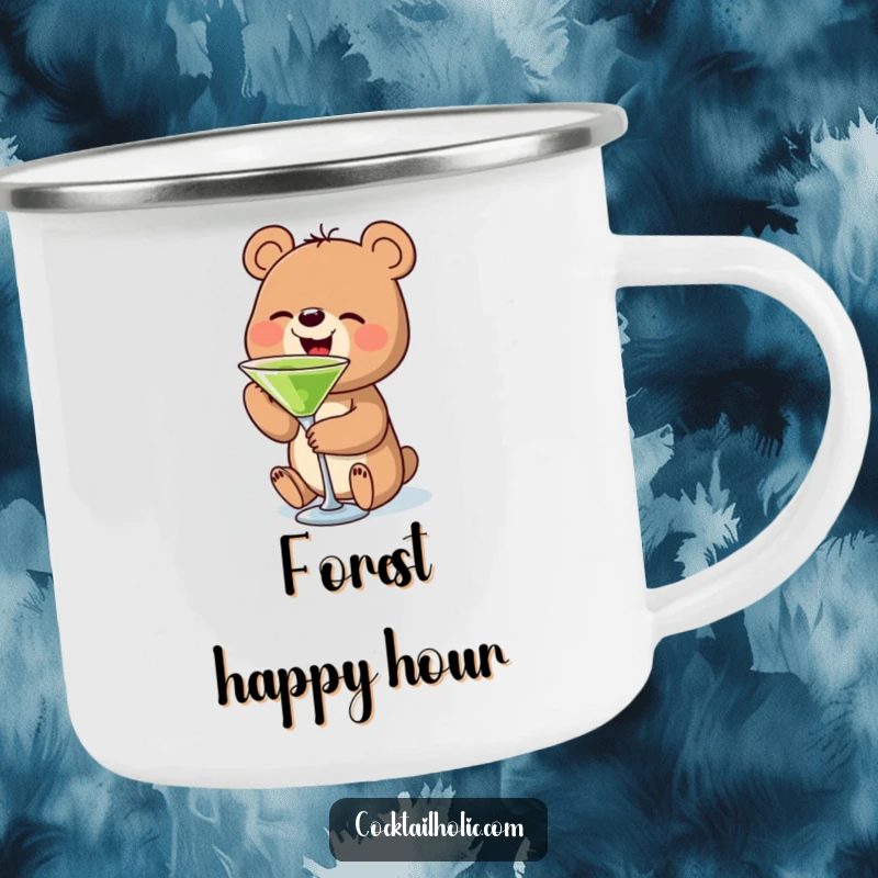 Funny bear martini camping mug depicting a small bear character enjoying a miniature martini, durable for outdoor adventures.