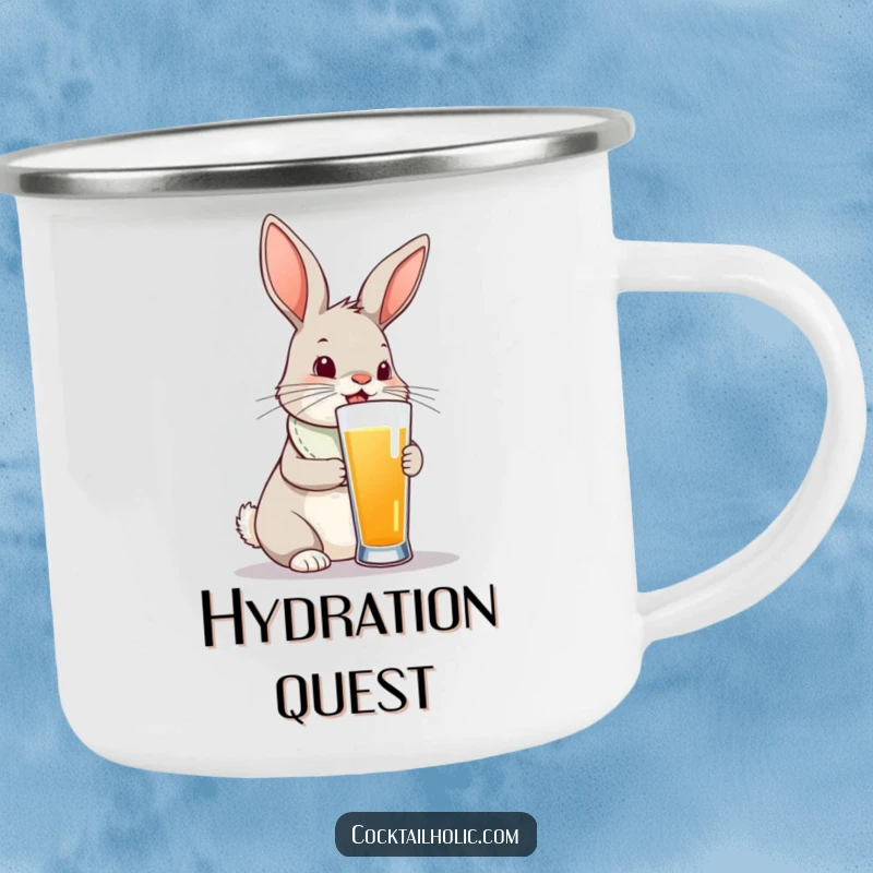 Funny bunny rabbit in a bib trying to drink a very tall glass, on a durable camping mug.