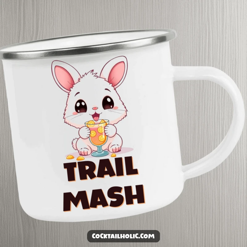 Funny camping mug shows a fluffy bunny gleefully spilling a cocktail, ideal for outdoor adventures and humor.