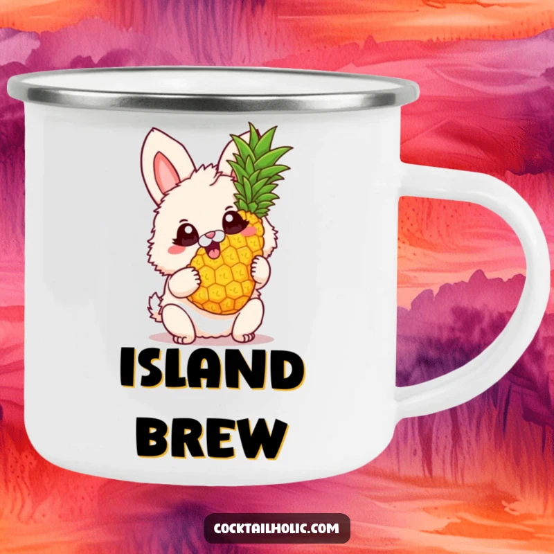 Funny Camping Mug featuring a fluffy bunny with big excited eyes, holding a twirling pineapple, perfect for tropical-themed sips.