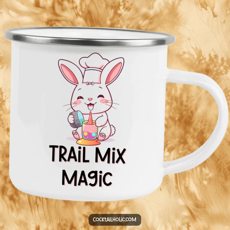 Funny camping mug showing a cheerful bunny chef spilling colorful liquid from a shaker, ideal for outdoor culinary fun.