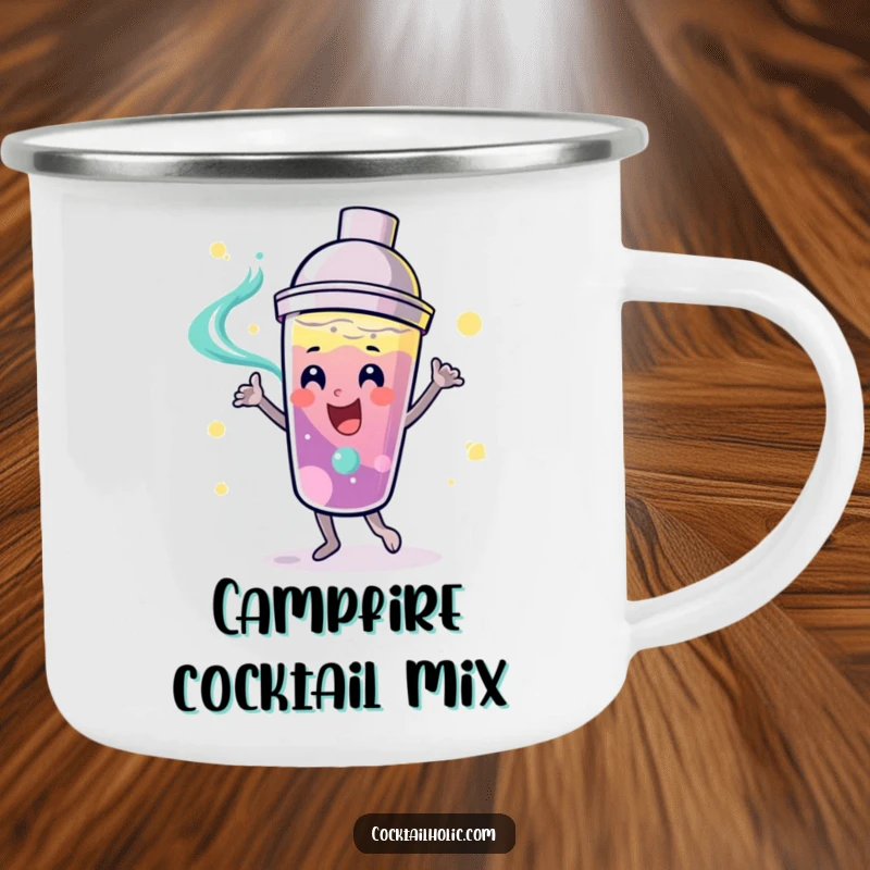 Funny playful cocktail shaker with a smiling face, dancing with swirling liquid on a durable enamel camping mug.