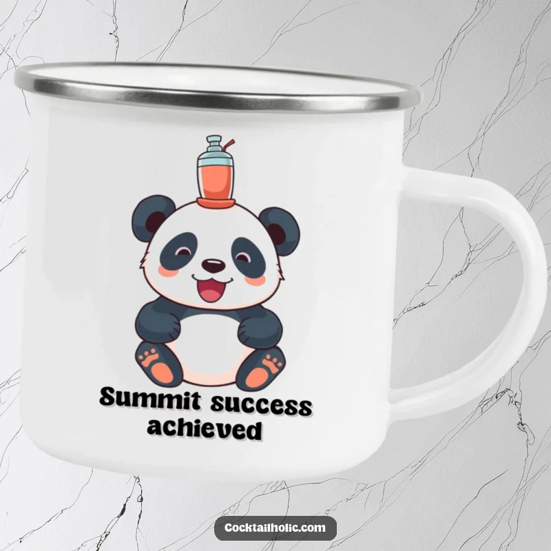 Funny panda camping mug, showing a delighted panda balancing a cocktail shaker, adding joy to outdoor trips.
