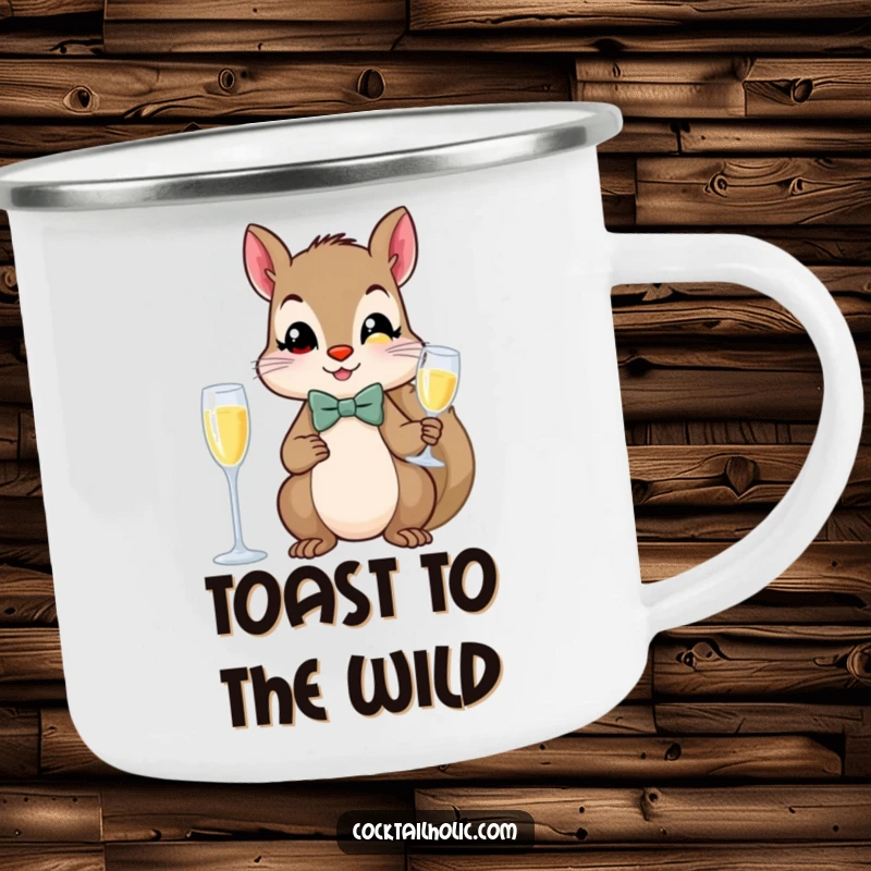 Funny squirrel wearing a bow tie, holding a champagne flute, on an enamel camping mug.