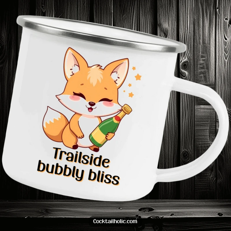 Funny fox Champagne camping mug with a winking fox holding a tiny bottle, durable for outdoor celebrations and adventures.