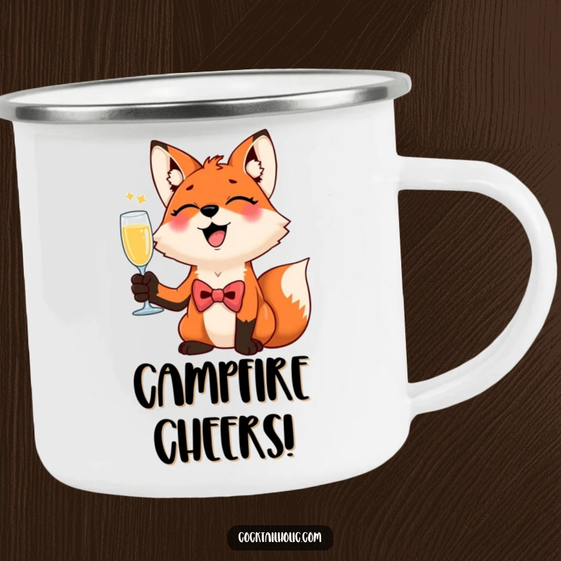 Funny Giggling Fox Enamel Mug: A dapper fox raises a champagne flute, bringing celebratory humor and durability to outdoor enjoyment.