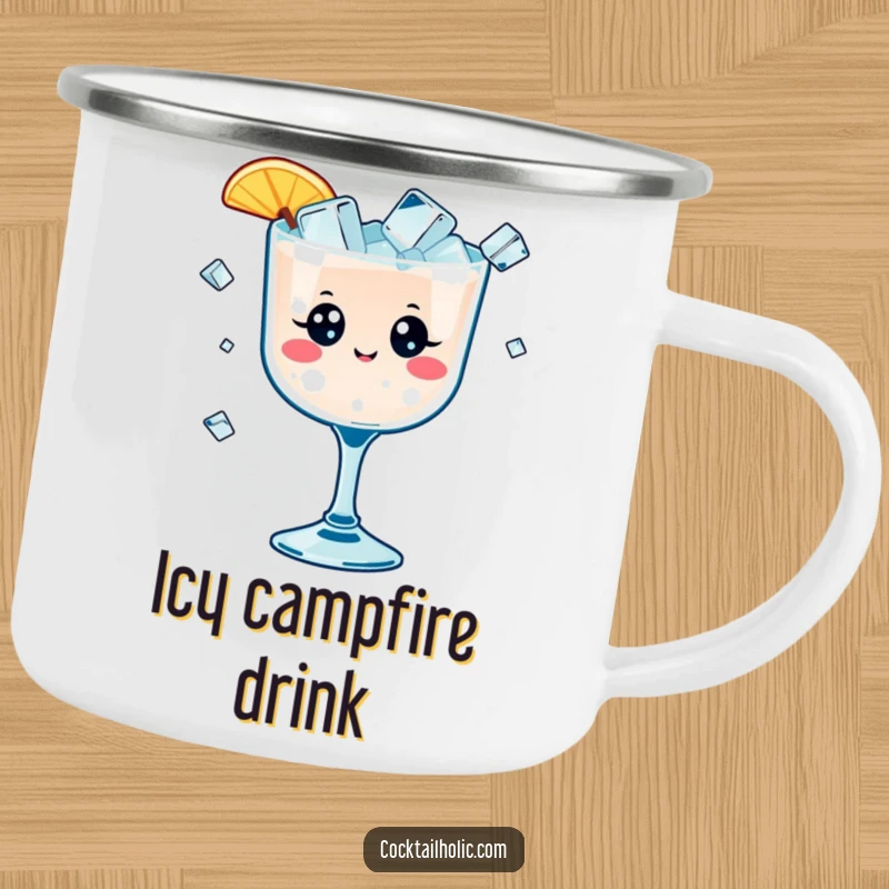 Funny camping mug featuring a kawaii cocktail glass with cheerful eyes juggling small ice cubes, durable and humorous gift.