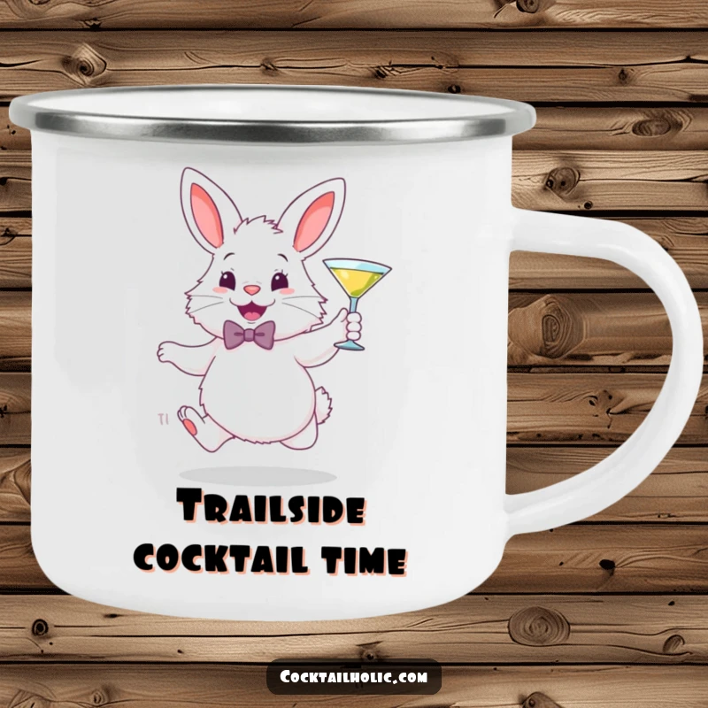 Funny camping mug depicting a fluffy white bunny in a bowtie, gleefully hopping with a miniature martini glass, perfect for celebratory outdoor sips.