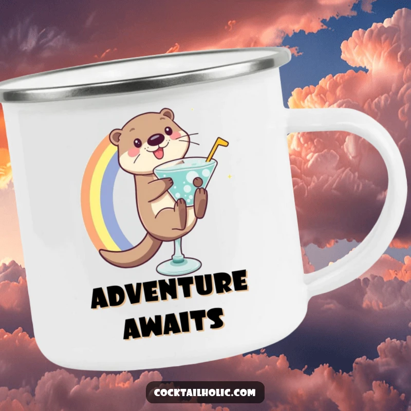 Playful otter character sliding down a rainbow into a fizzy cocktail glass, printed on a sturdy enamel camping mug.