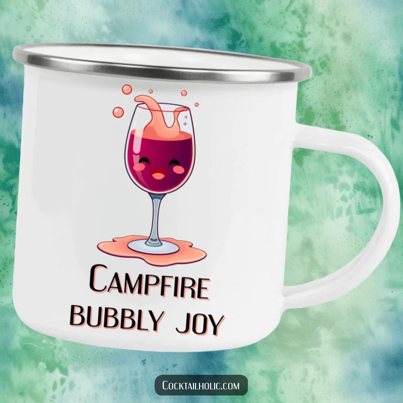 Funny happy wine glass character with bubbly overflow, spilling its contents with glee on a durable enamel camping mug.