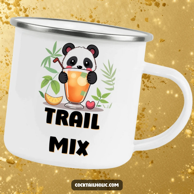 Funny Panda Camping Mug: Playful panda peeking over a colorful cocktail, durable and humorous for outdoor adventures.