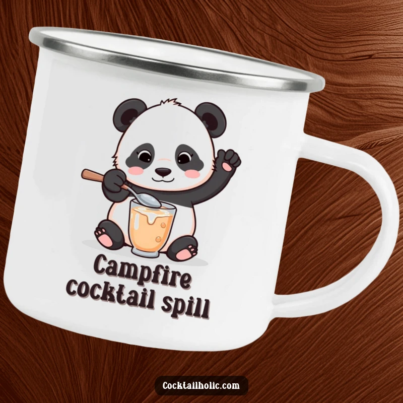 Funny camping mug with a playful panda bear using a comically oversized spoon to mix a drink, spilling a little.