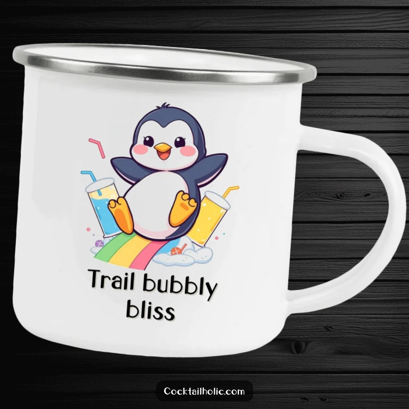 Funny camping mug featuring a cheerful penguin sliding down a rainbow of bubbly drinks, ready for outdoor fun.