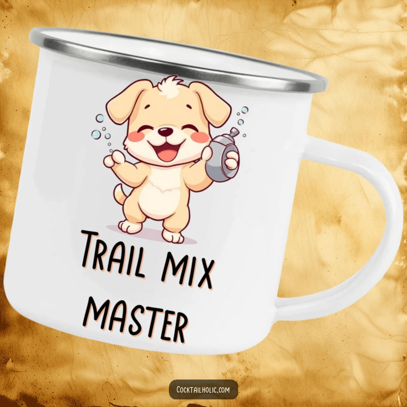 Joyful puppy character exuberantly shaking a cocktail shaker, spraying tiny bubbles, printed on a sturdy enamel camping mug.