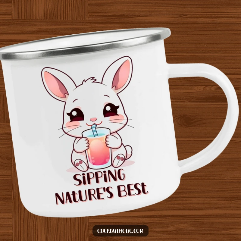 Funny camping mug showing a content rabbit drinking with a straw, ideal for outdoor relaxation and humorous enjoyment.