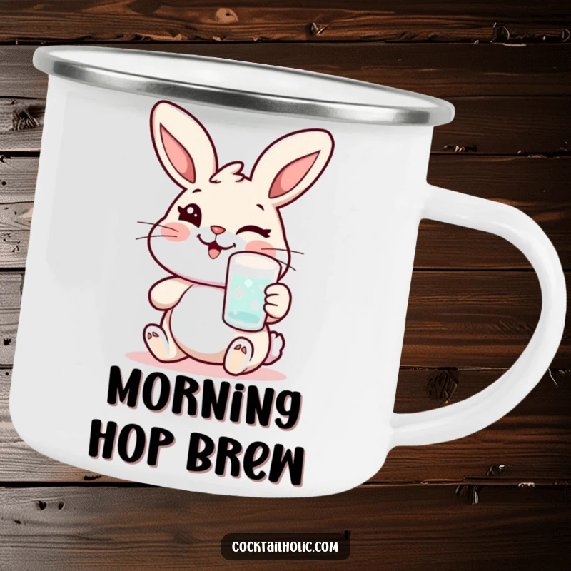 Funny rabbit camping mug with a cheerful character winking and holding a frosted glass, perfect for outdoor drinks and playful humor.