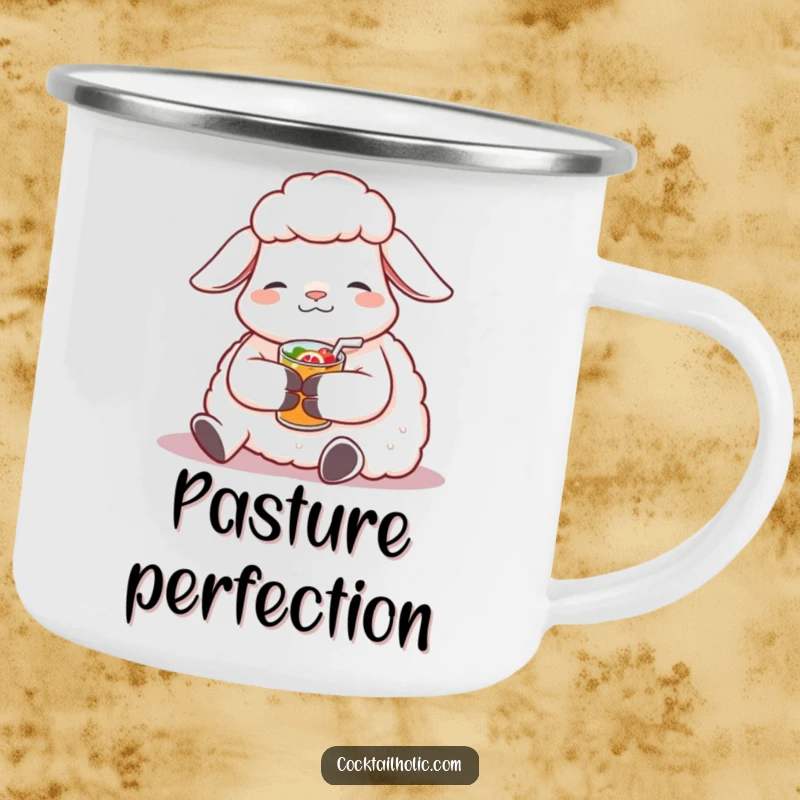 Funny Sheep Camping Mug: Contented sheep relaxing with a fruity beverage, humorous and durable for outdoor relaxation.