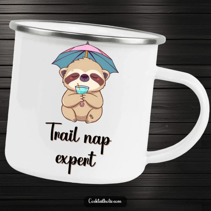 Funny sloth camping mug with a sleepy character and cocktail umbrella, perfect for outdoor drinks and a humorous funny gift.