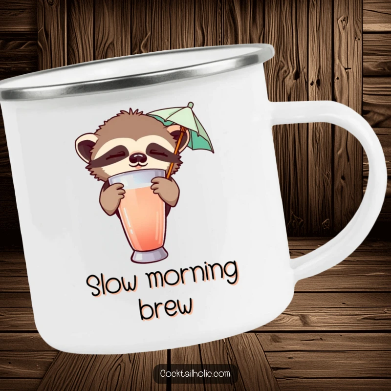Funny camping mug with a sleepy sloth peeking from behind a cocktail shaker, holding a tiny umbrella, for relaxed outdoor drinks.