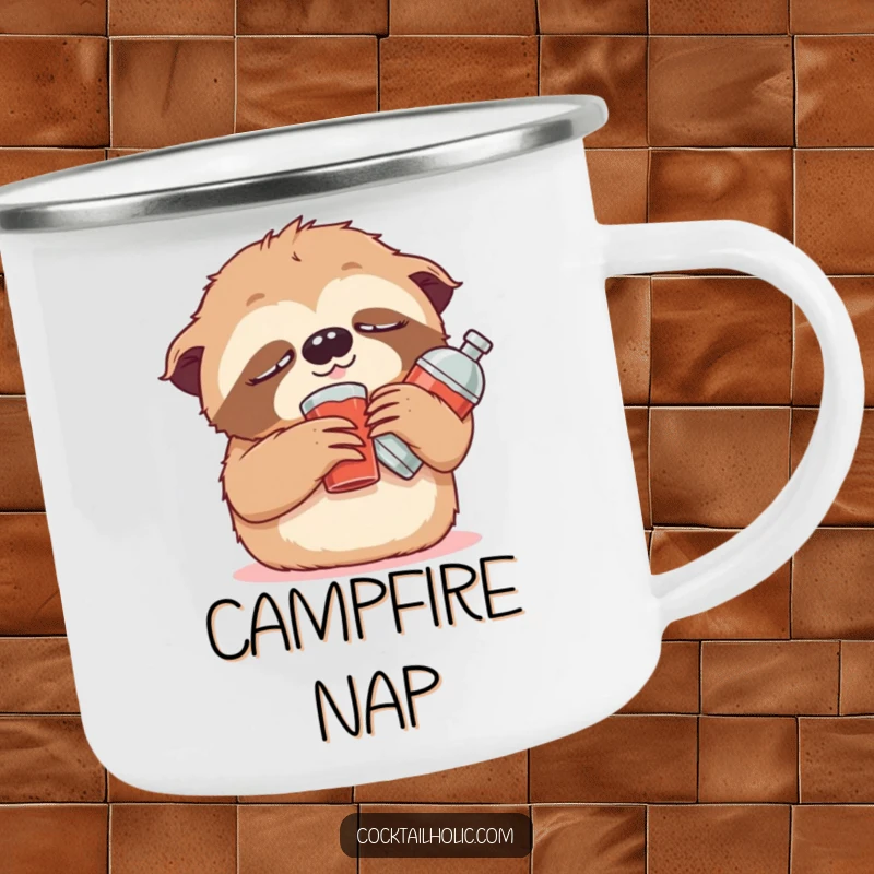 Funny Camping Mug featuring a cute, drowsy sloth character propped up with a small stuffed cocktail shaker, perfect for slow sipping outdoors.