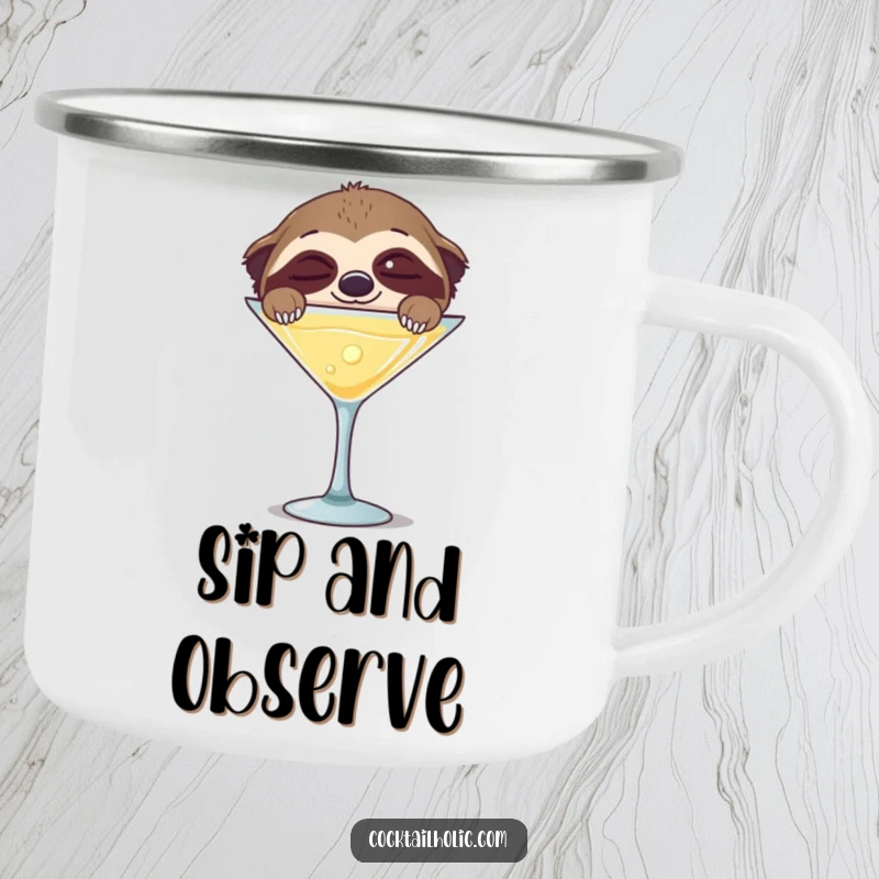 Funny camping mug with a sleepy sloth peeking happily over a giant martini glass, ideal for outdoor relaxation.
