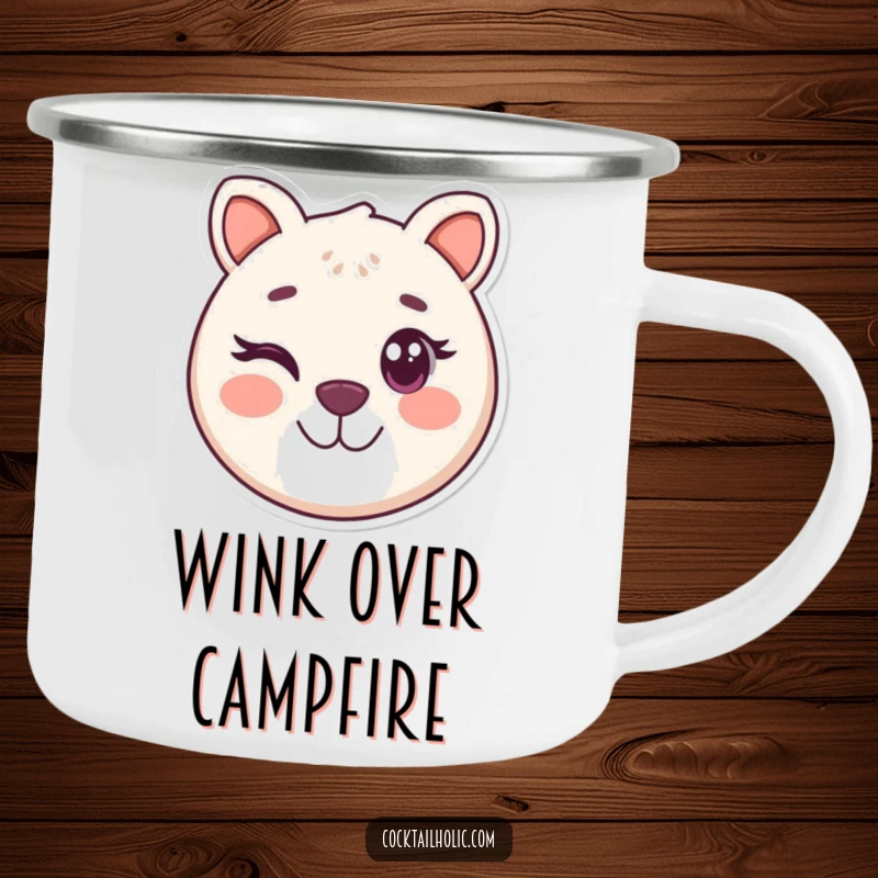 Funny camping mug featuring a round, smiling animal face winking playfully, a cheerful companion for outdoor trips.