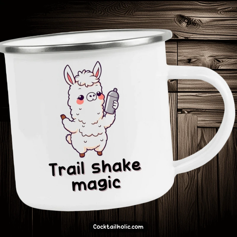 Funny Wobbly Llama Camping Mug: A durable mug featuring a cheerful llama shaking a cocktail shaker, ready for outdoor adventures with a humorous touch.