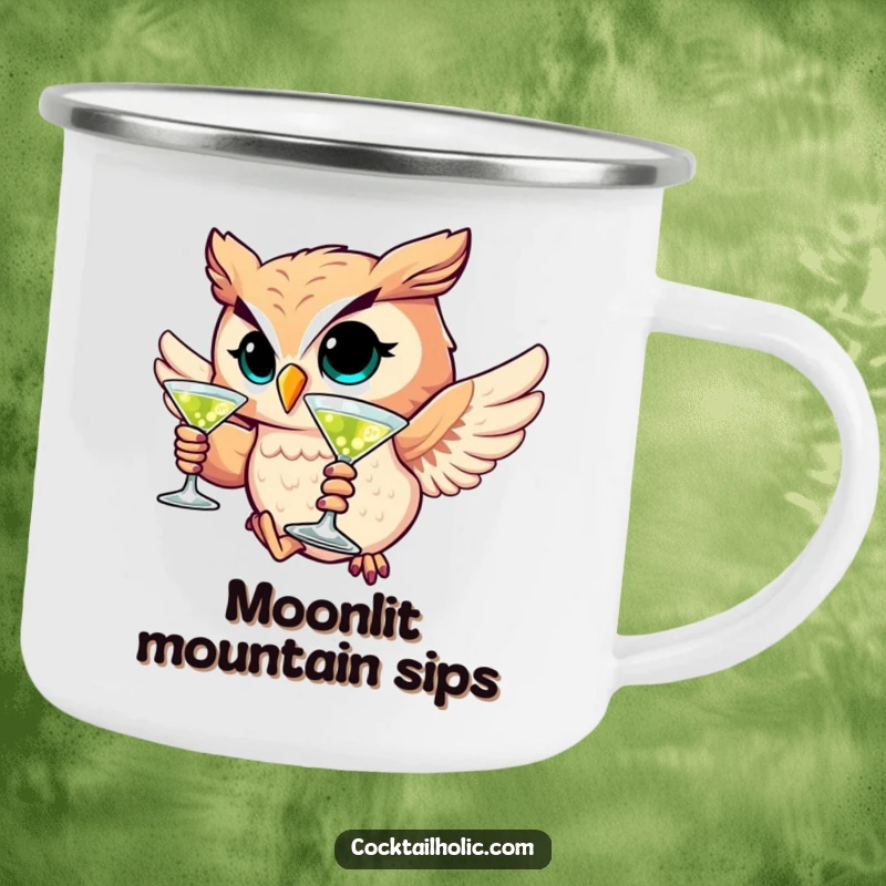 Funny camping mug shows a winking owl soaring with a martini, ideal for outdoor sophistication and humor.