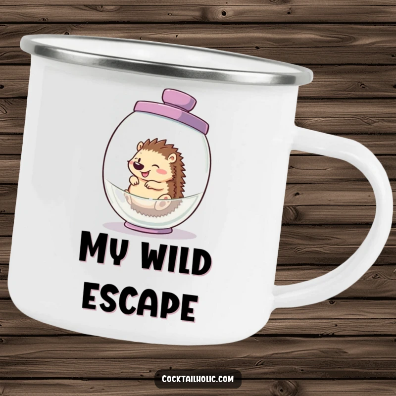 Funny hedgehog camping mug, merrily inside a cocktail shaker, bringing portable amusement to any outdoor escapade.