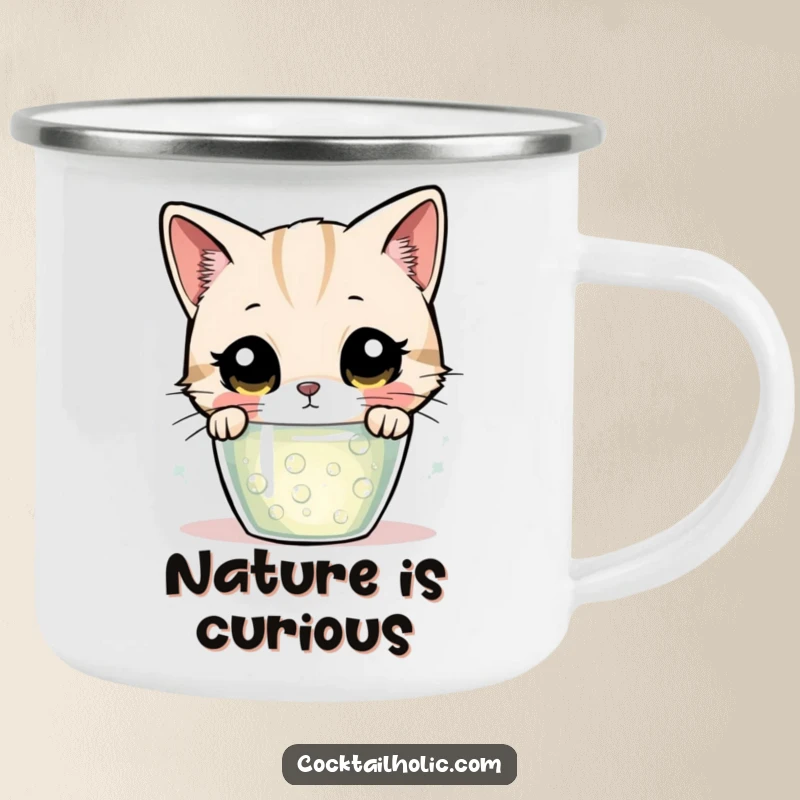 Funny cat camping mug, showcasing a wide-eyed cat investigating a bubbly drink amidst nature, for adventurous souls.