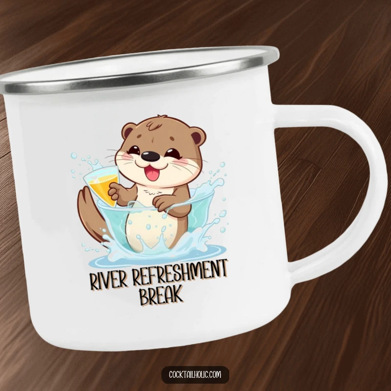 Funny otter camping mug with a playful character splashing in a bubbly cocktail, perfect for outdoor drinks and bubbly humor.
