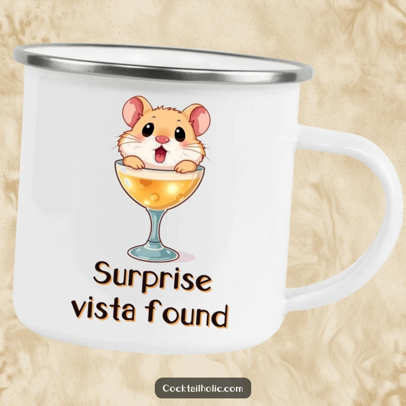 Funny hamster camping mug, showing a surprised hamster popping out of a cocktail glass, for spontaneous outdoor fun.