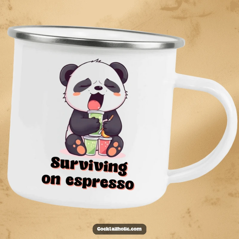 Funny Sleepy Panda Enamel Mug: A yawning panda balances mini drinks, bringing humor and durability to outdoor beverage enjoyment.