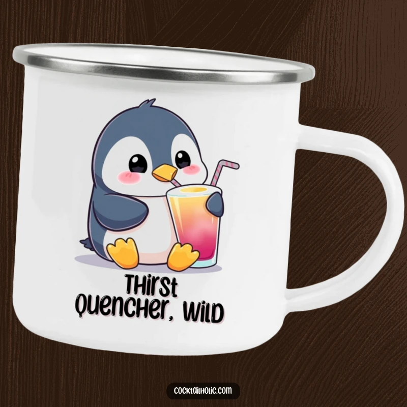 Funny Penguin Sipping Camping Mug: A durable mug featuring a happy penguin sipping a drink, perfect for outdoor adventures with a humorous and cute design.