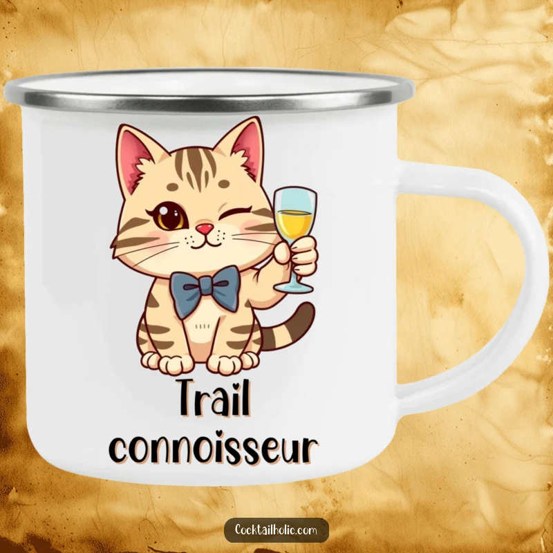 Funny cat in a bow tie raising a glass with a wink, on a durable camping mug.