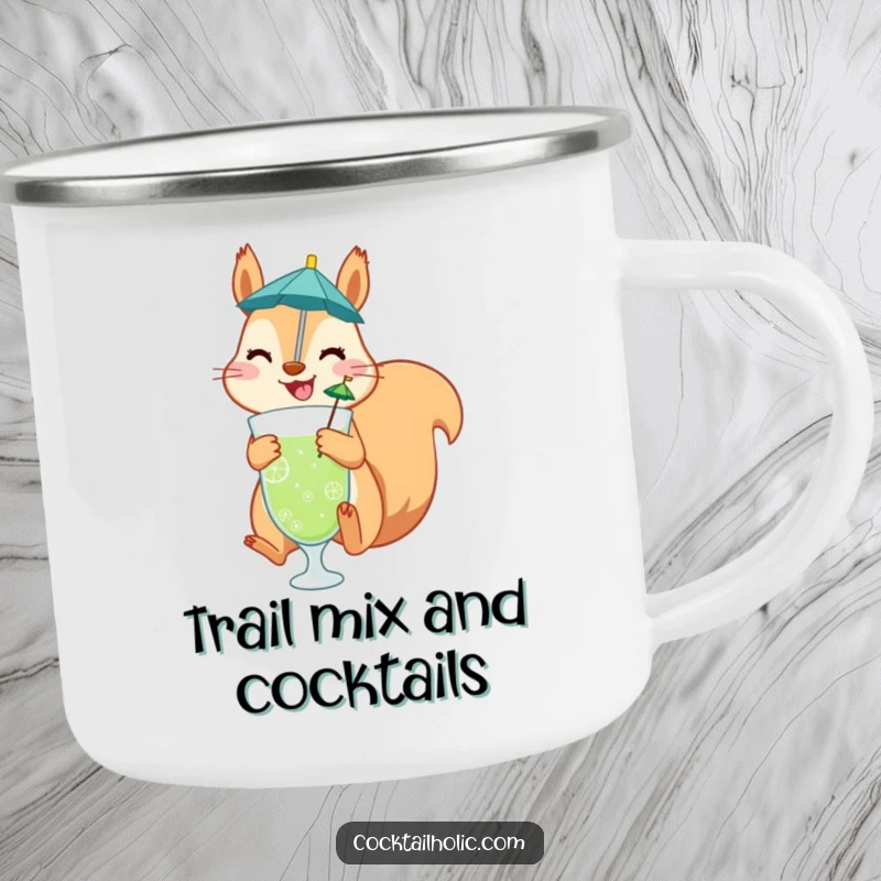 Funny camping mug featuring a cheerful squirrel jumping with a drink umbrella, perfect for outdoor adventures and humorous moments.